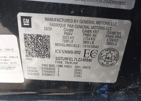 2020 GMC Sierra 1500 Denali z USA, uszkodzony, nr VIN 1GTU9FEL7LZ148840